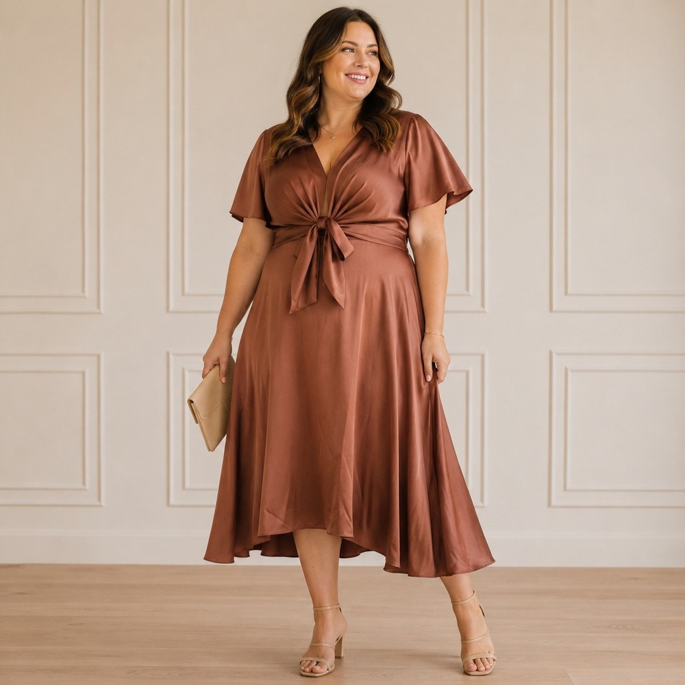 Baltic Born Poppy Satin Midi Dress arust Copper Tie Front Hi-Low Hem XXXL